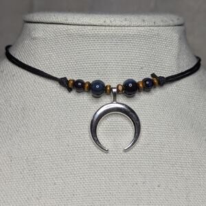 Crescent Moon Silver Charm Blue Black Ceramic Wood Bead Boho Y2K Choker Necklace